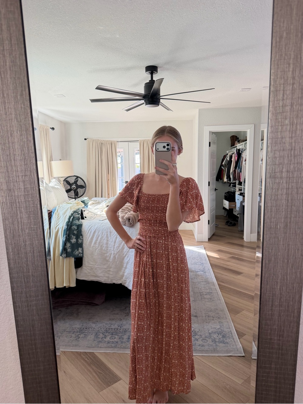 Bila Rust Floral Maxi Dress with Square Neckline